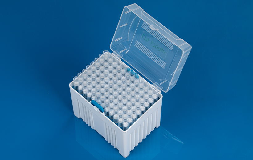 Open rack of 1200uL filter tips which are compatible with rainin LTS pipettes.