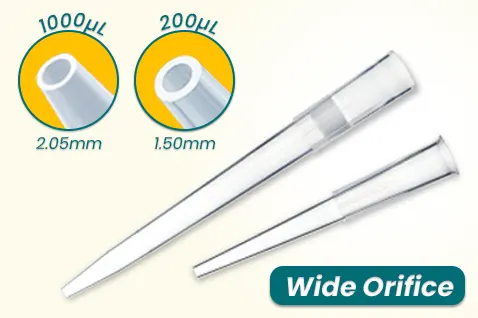 Wide bore pipette tips of 200uL and 1000uL.